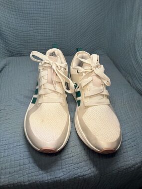 adidas Cream Sneakers with Teal Stripes and Pink Accents
